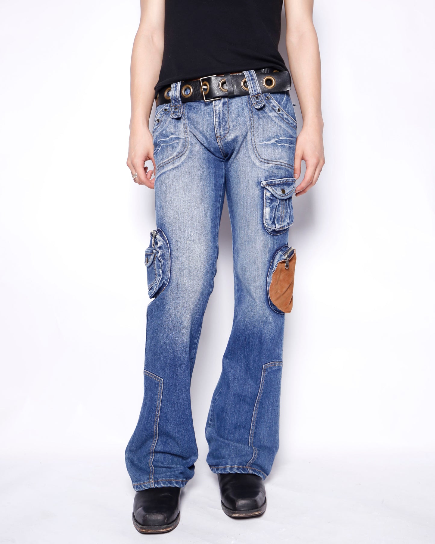 vintage low rise suede patch utility flare jeans