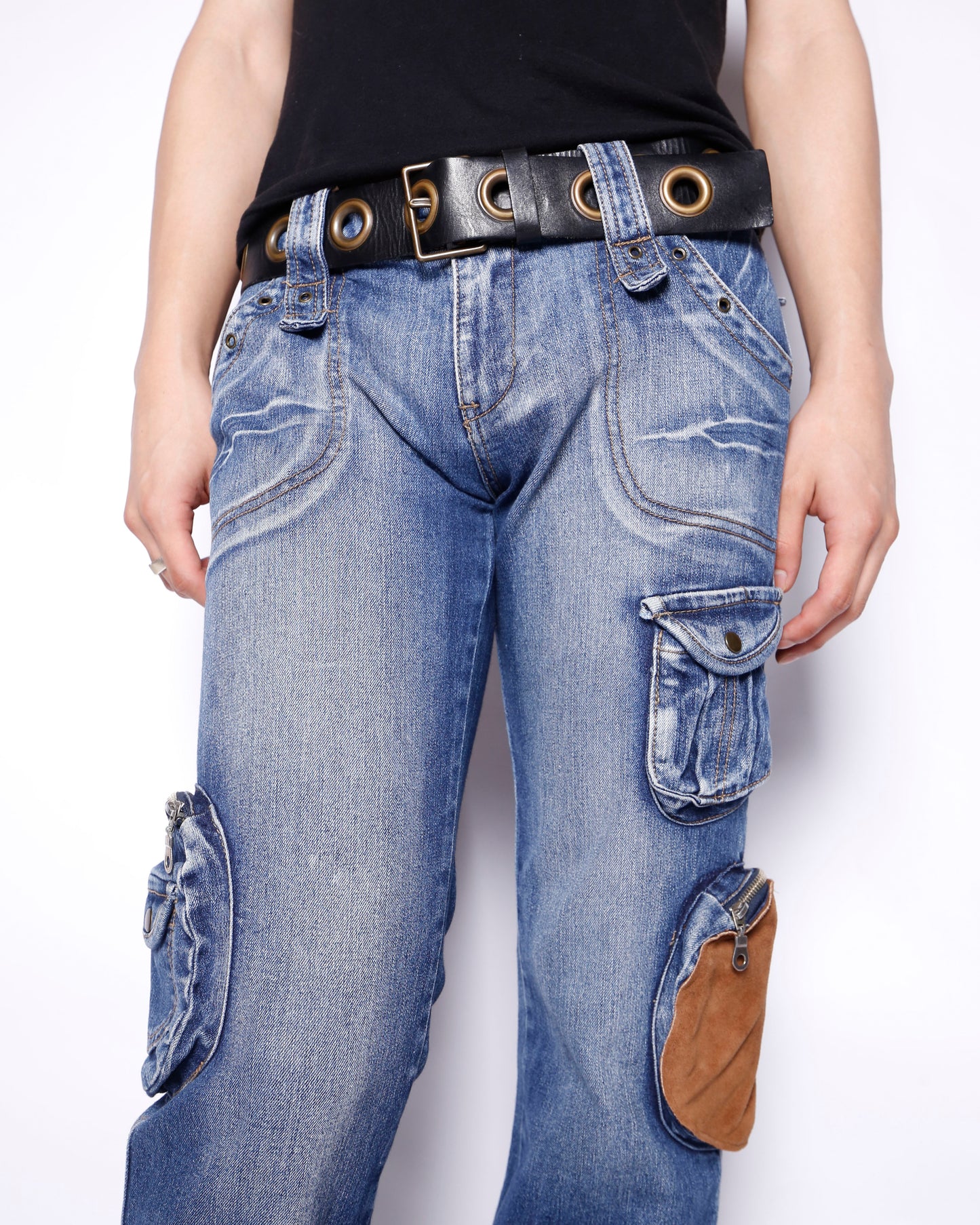 vintage low rise suede patch utility flare jeans