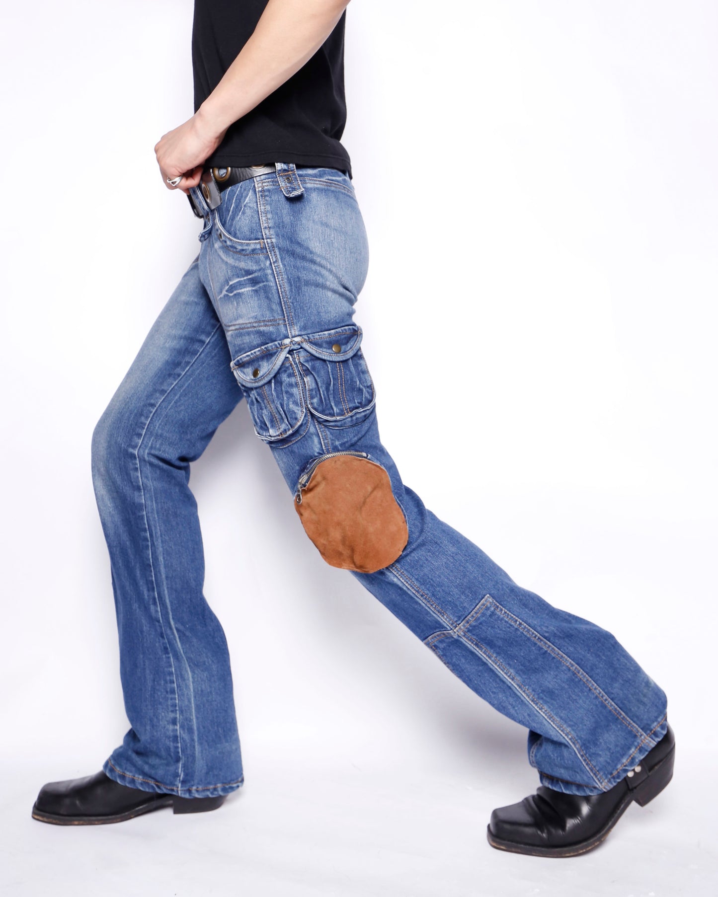 vintage low rise suede patch utility flare jeans