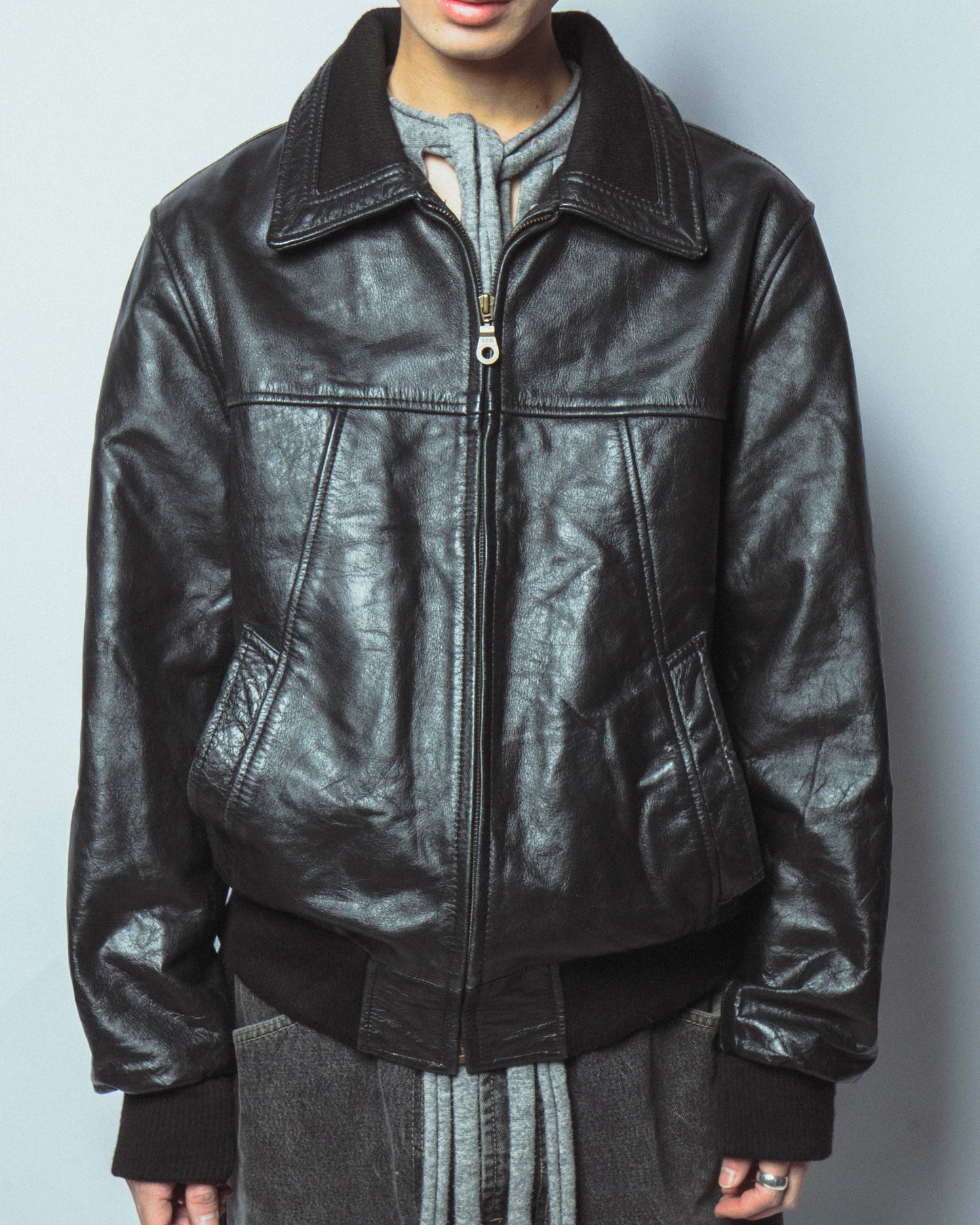 vintage rib combi leather jacket