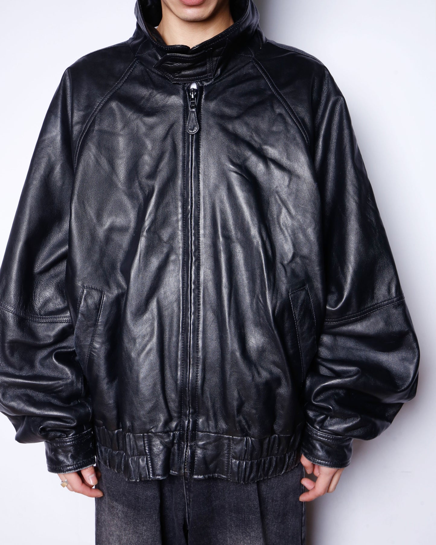 vintage stand collar wide leather jacket