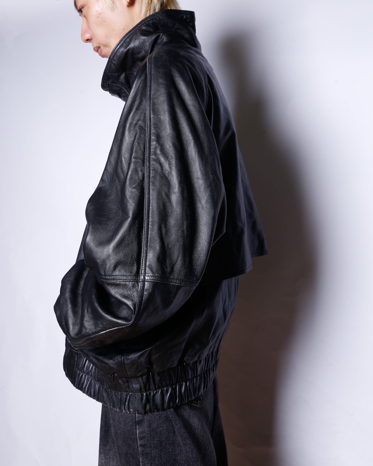 vintage stand collar wide leather jacket