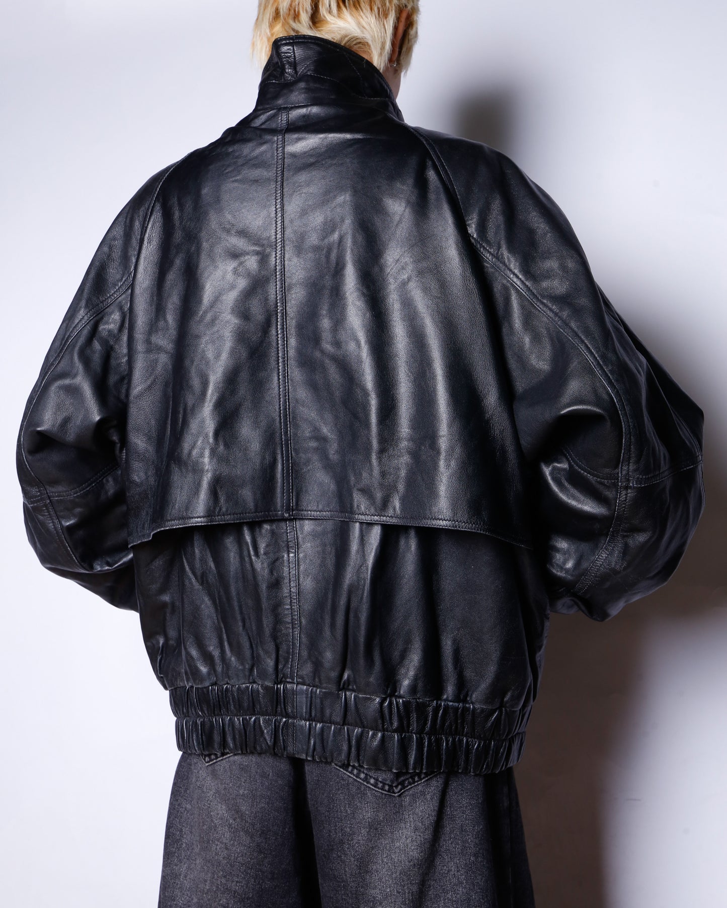 vintage stand collar wide leather jacket