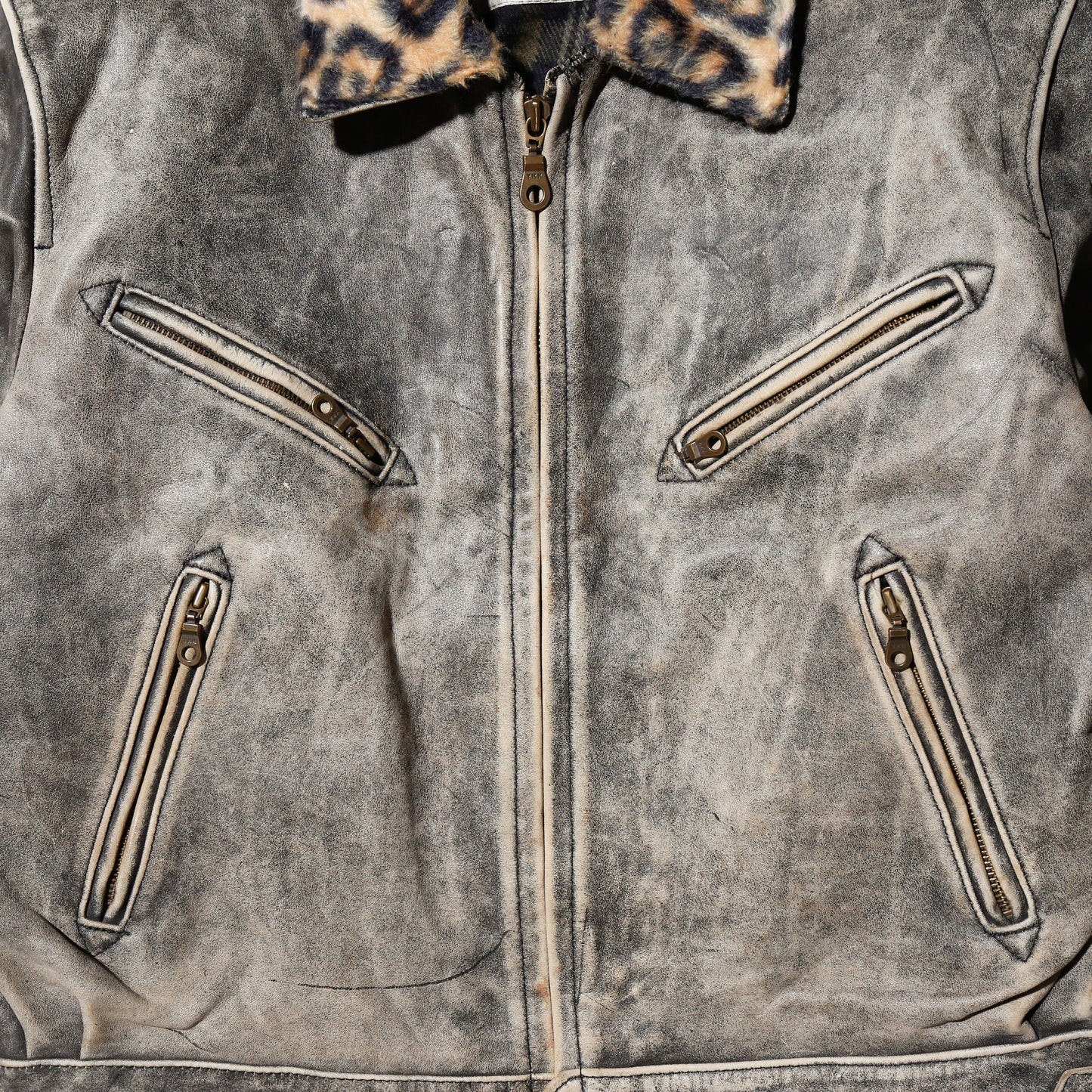 vintage leopard collar dust leather jacket