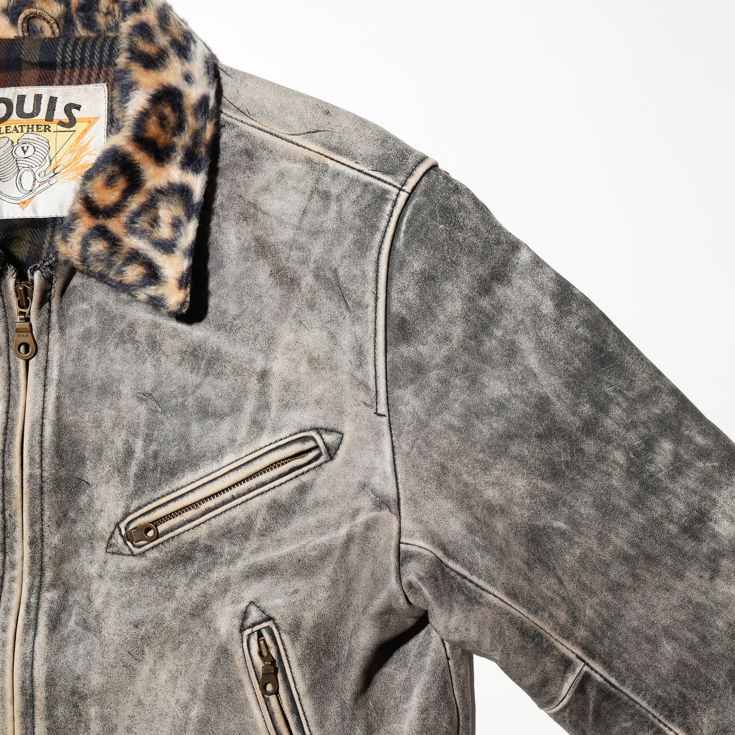 vintage leopard collar dust leather jacket