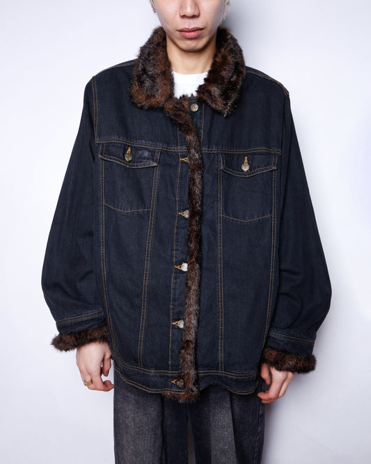 vintage faux fur combi trucker jacket