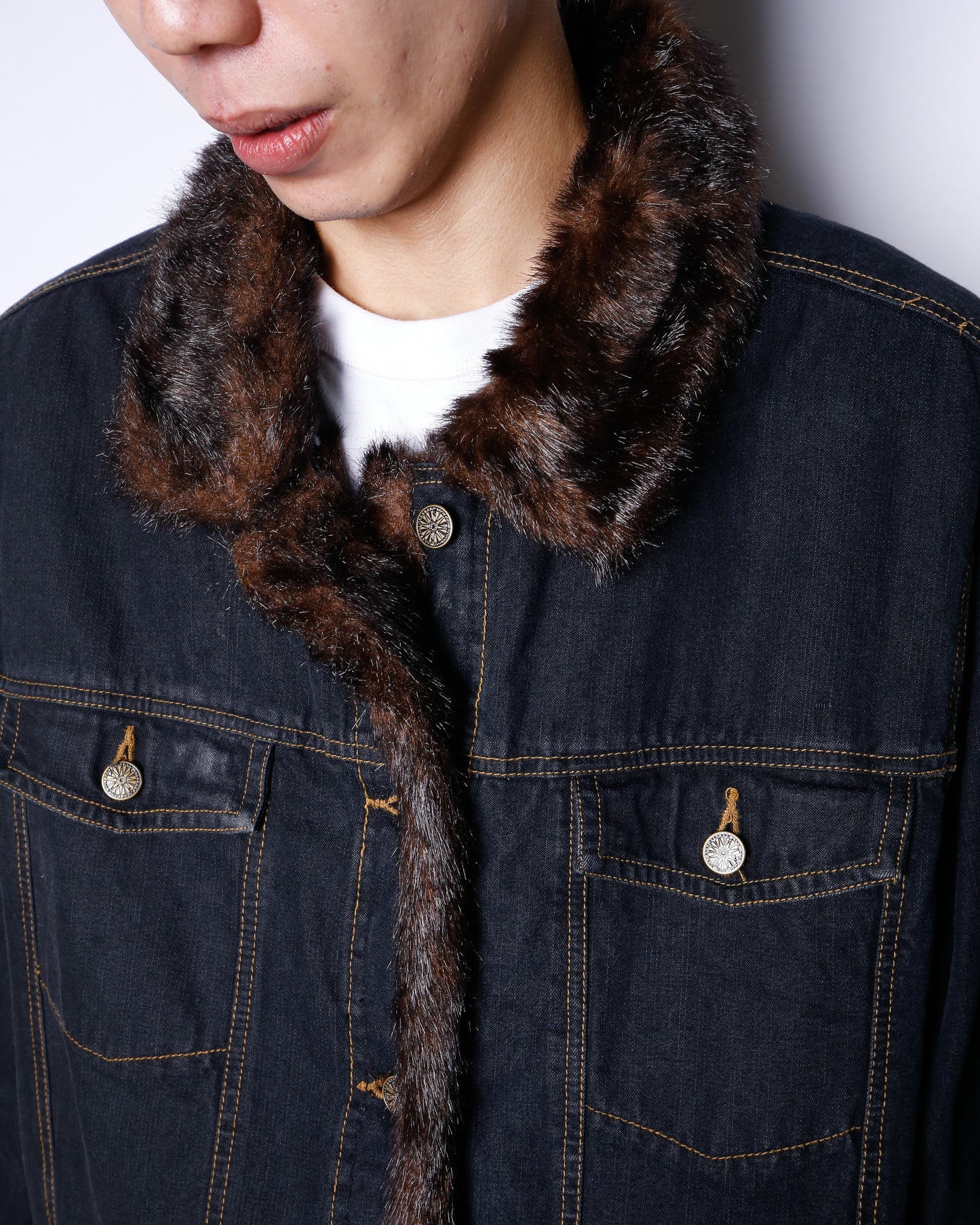 vintage faux fur combi trucker jacket