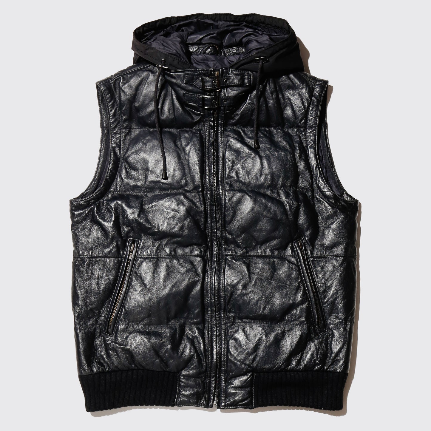vintage hybrid leather padded vest , detachable hoodie