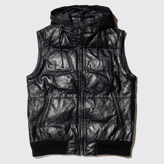 vintage hybrid leather padded vest , detachable hoodie