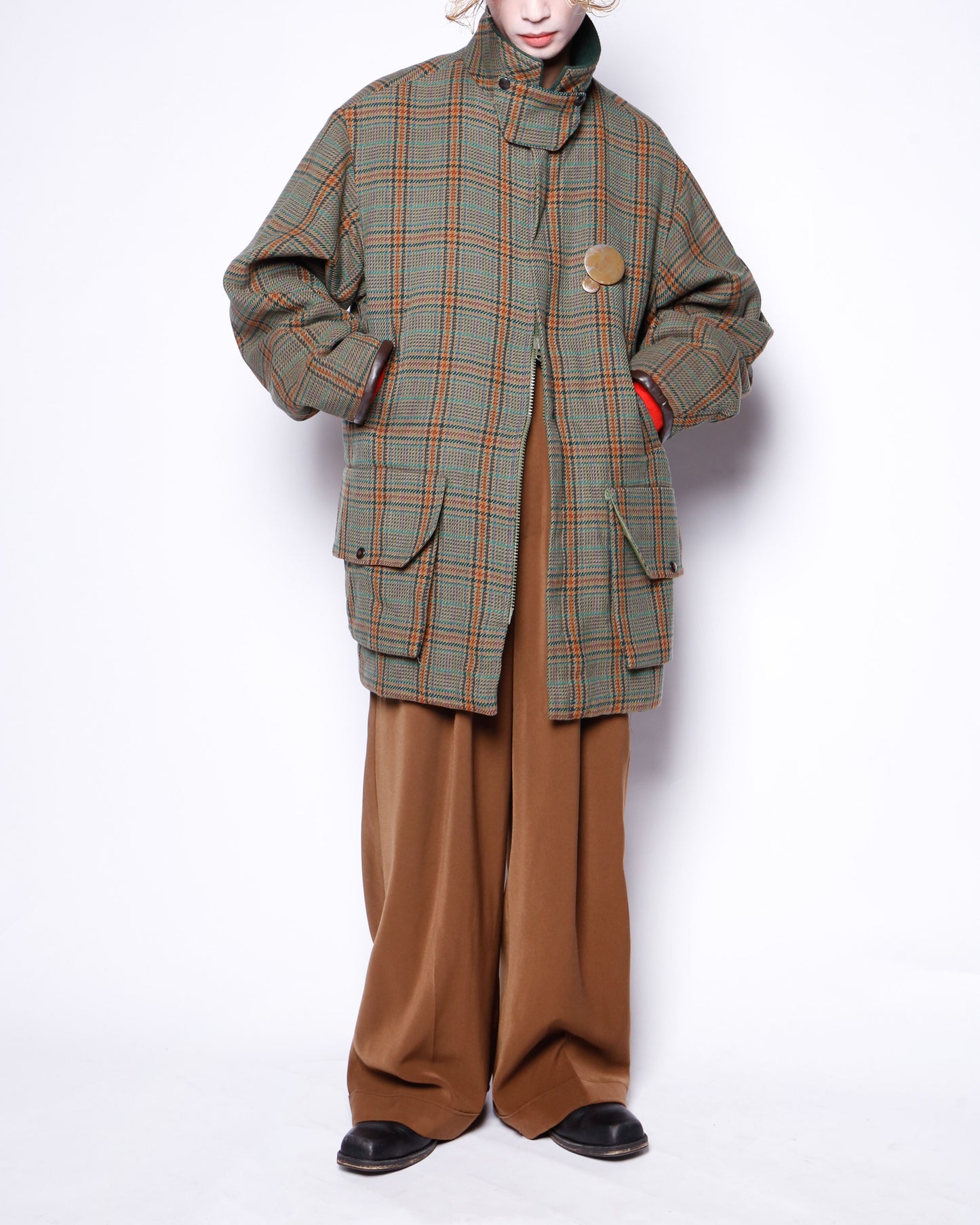 vintage uk check wool storm jacket , with copper badge