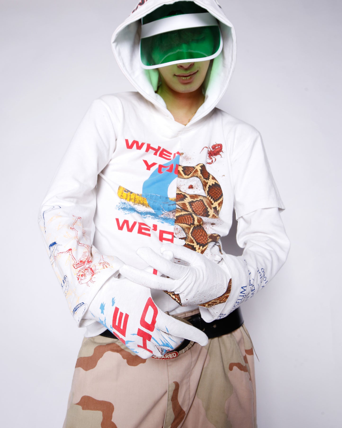 *one-off hybrid hooded cut sew, with detachable globes