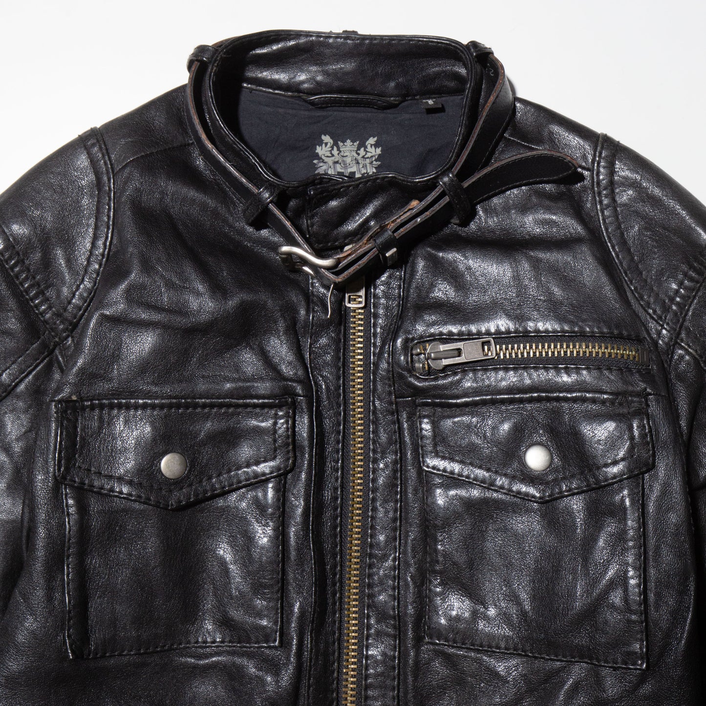 vintage belted collar single leather jacket