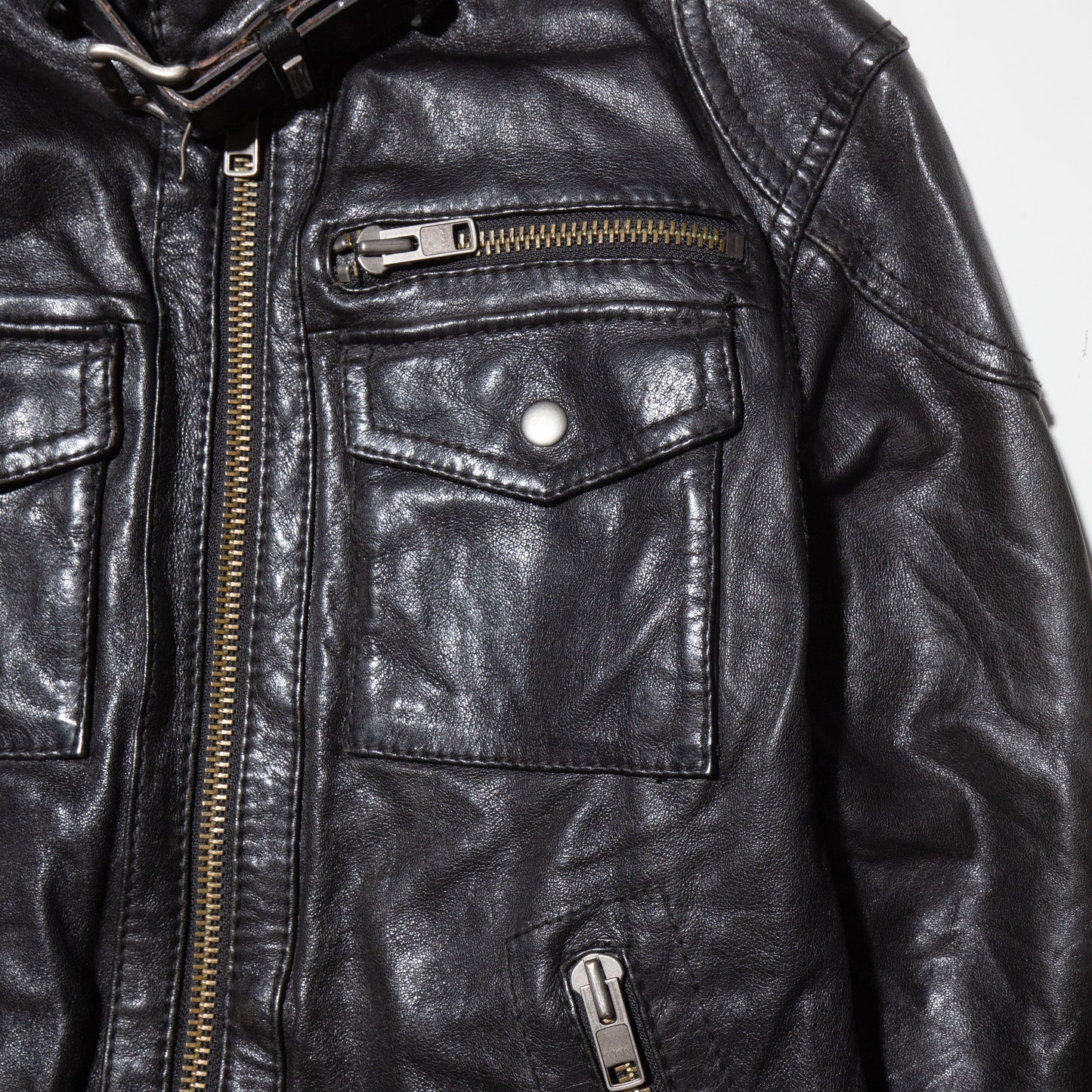 vintage belted collar single leather jacket