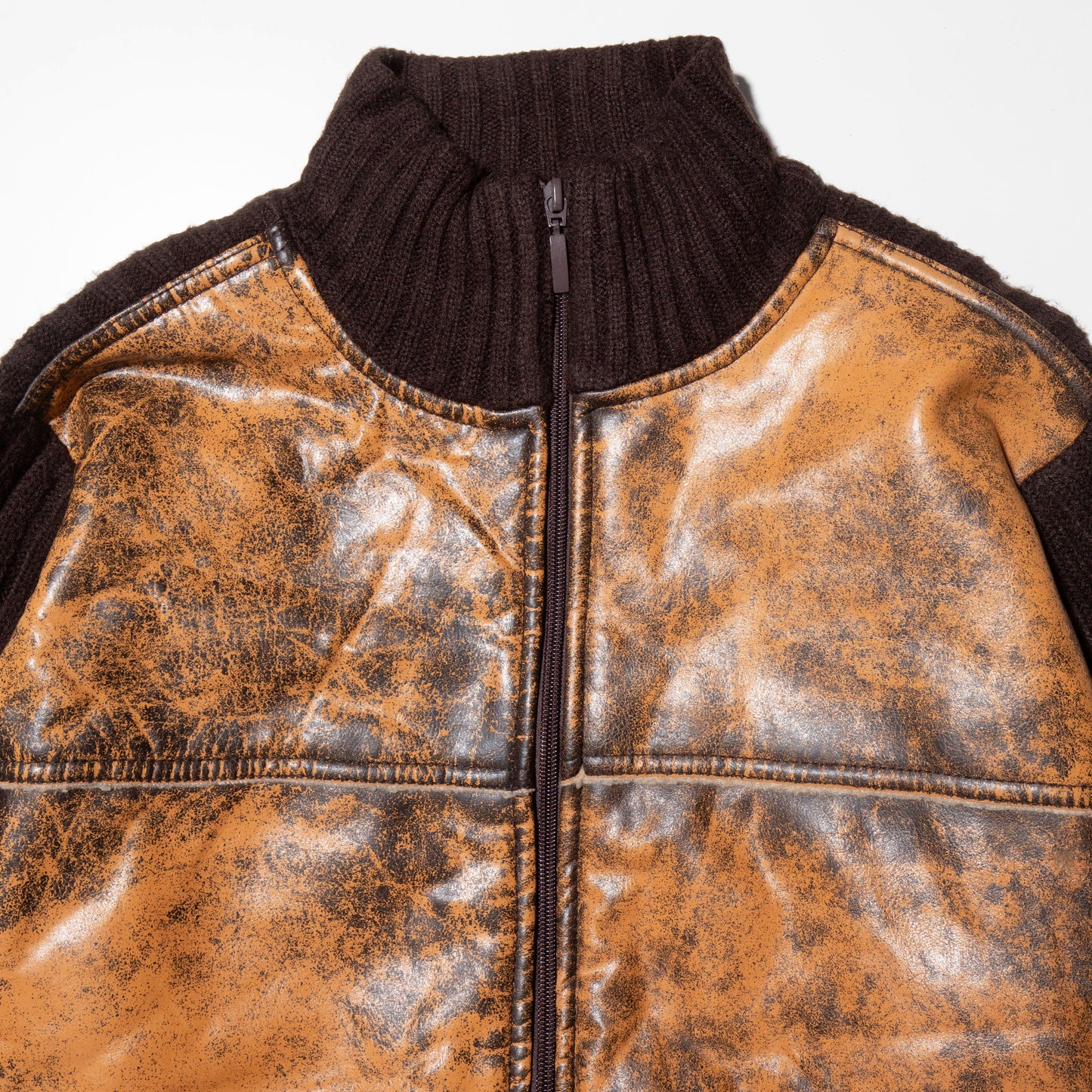 vintage faded faux leather combi knit jacket