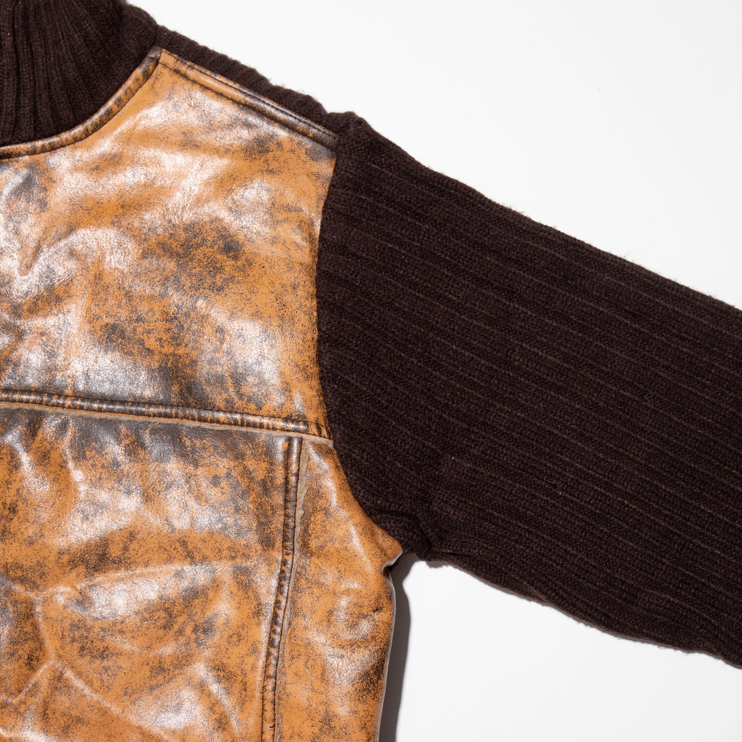 vintage faded faux leather combi knit jacket