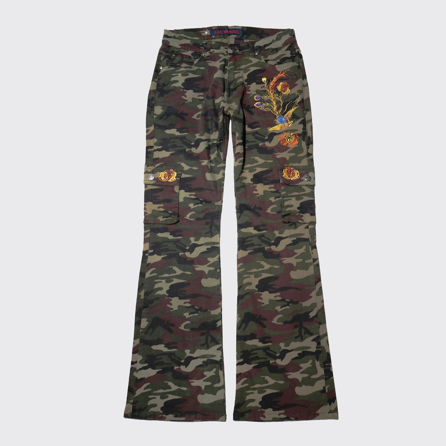 vintage broderie camo flare trousers