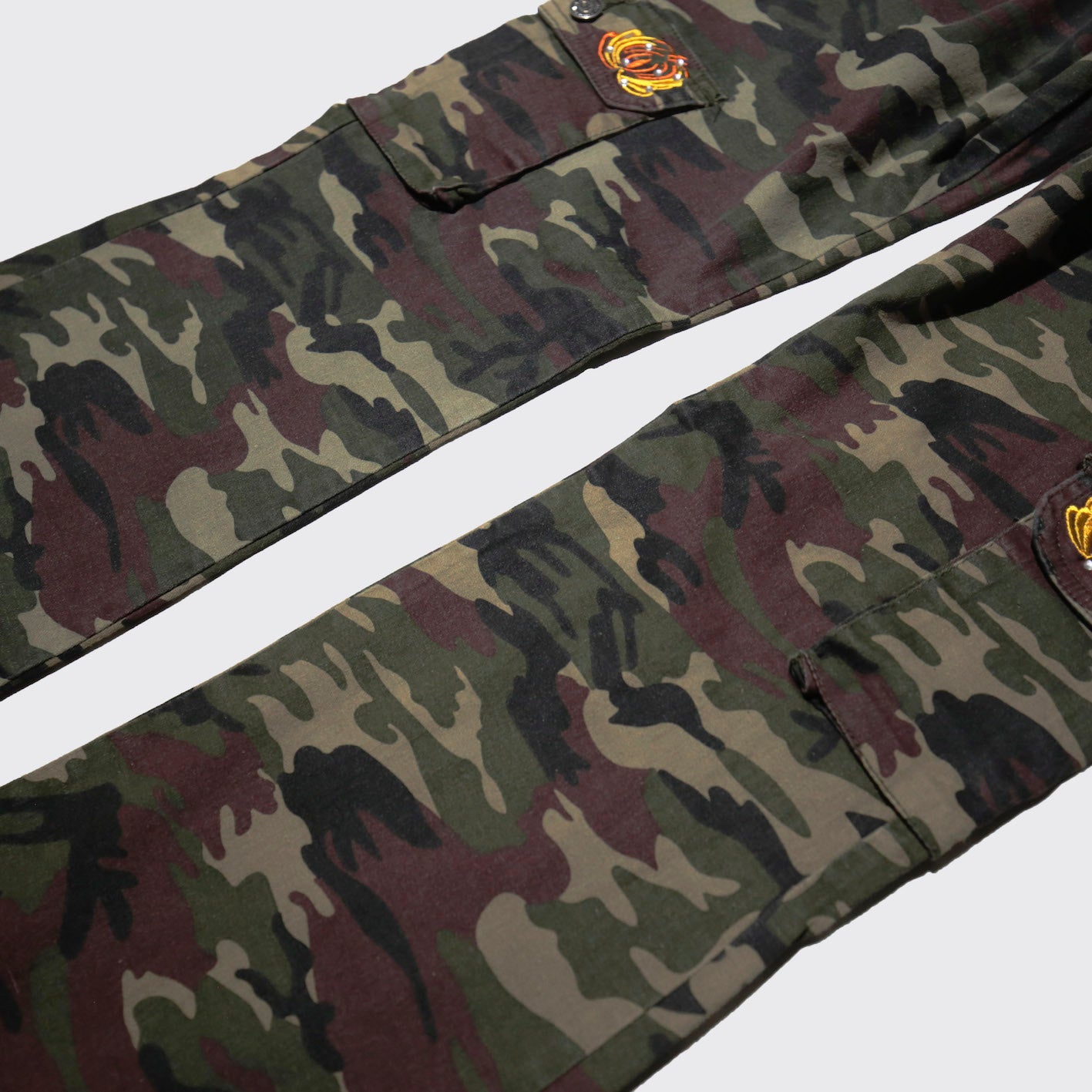 vintage broderie camo flare trousers