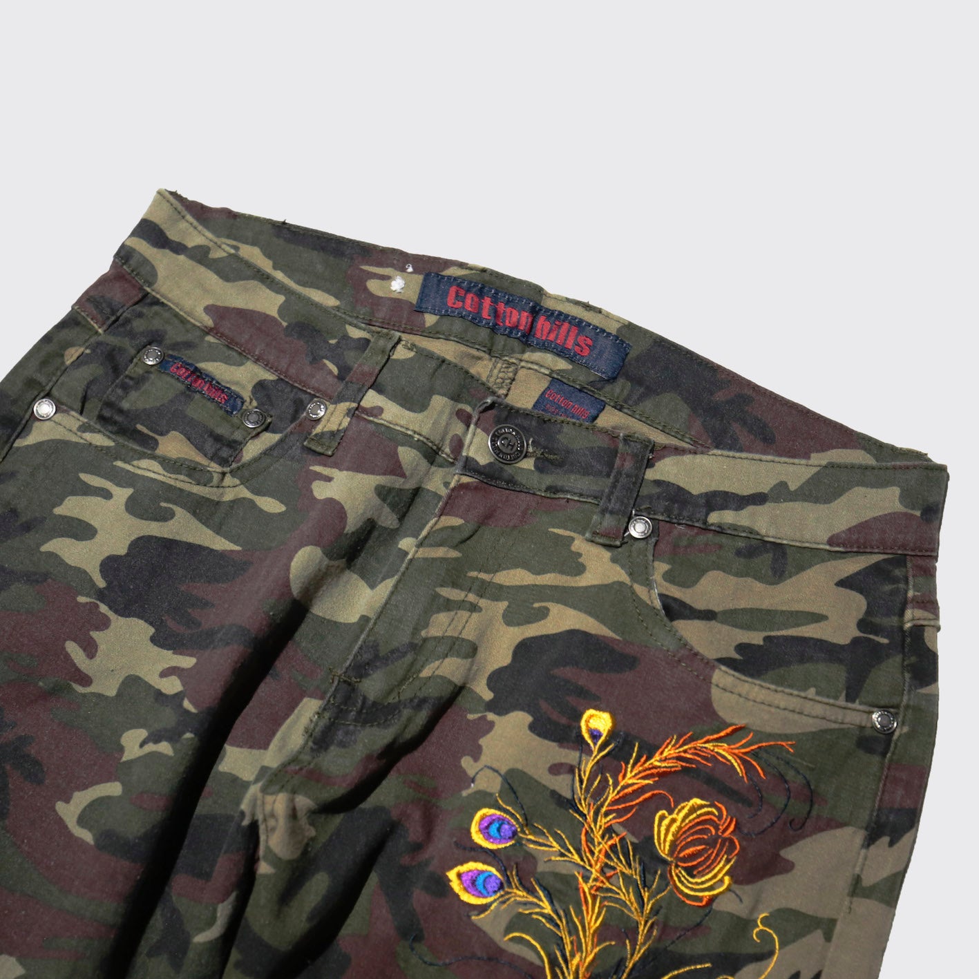 vintage broderie camo flare trousers