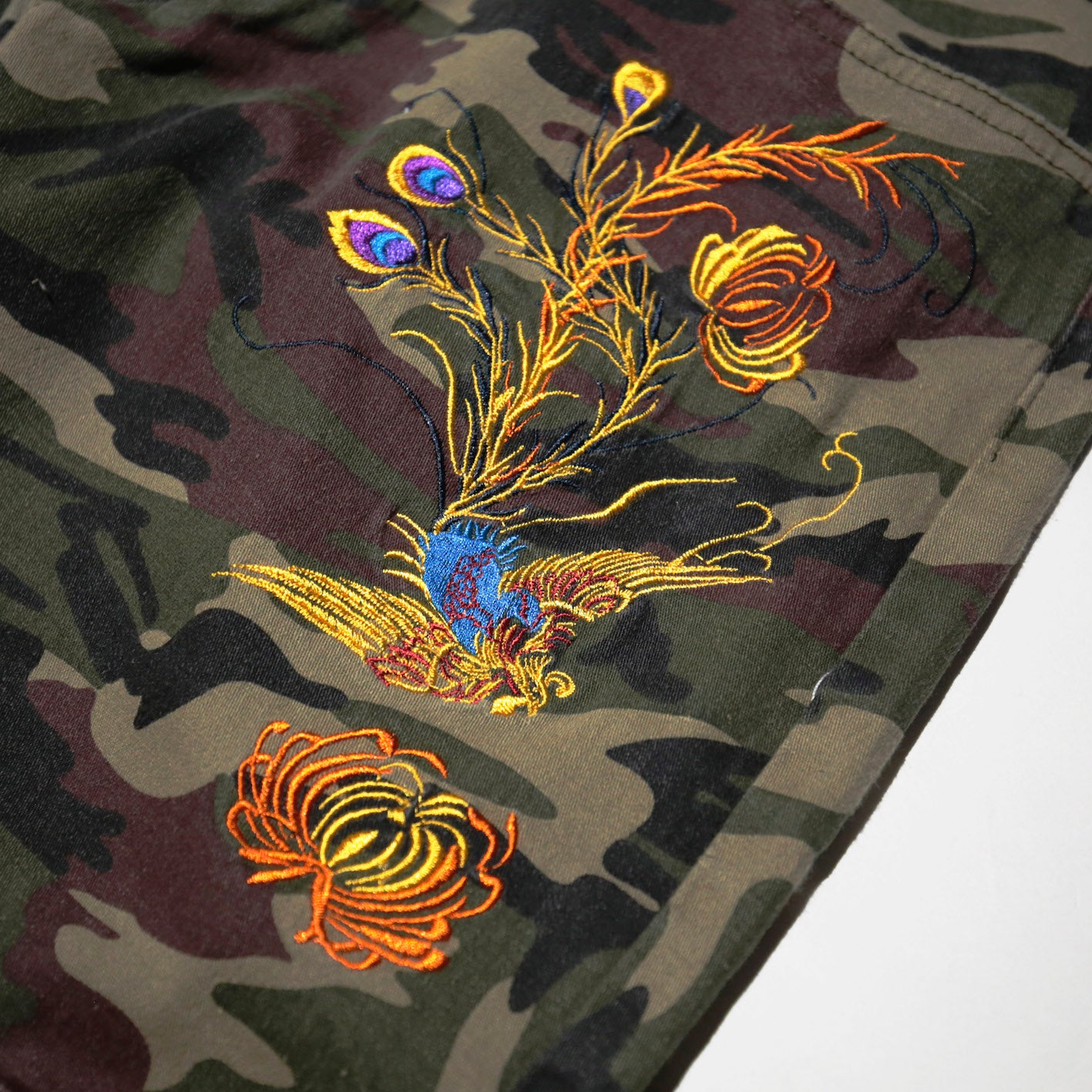 vintage broderie camo flare trousers