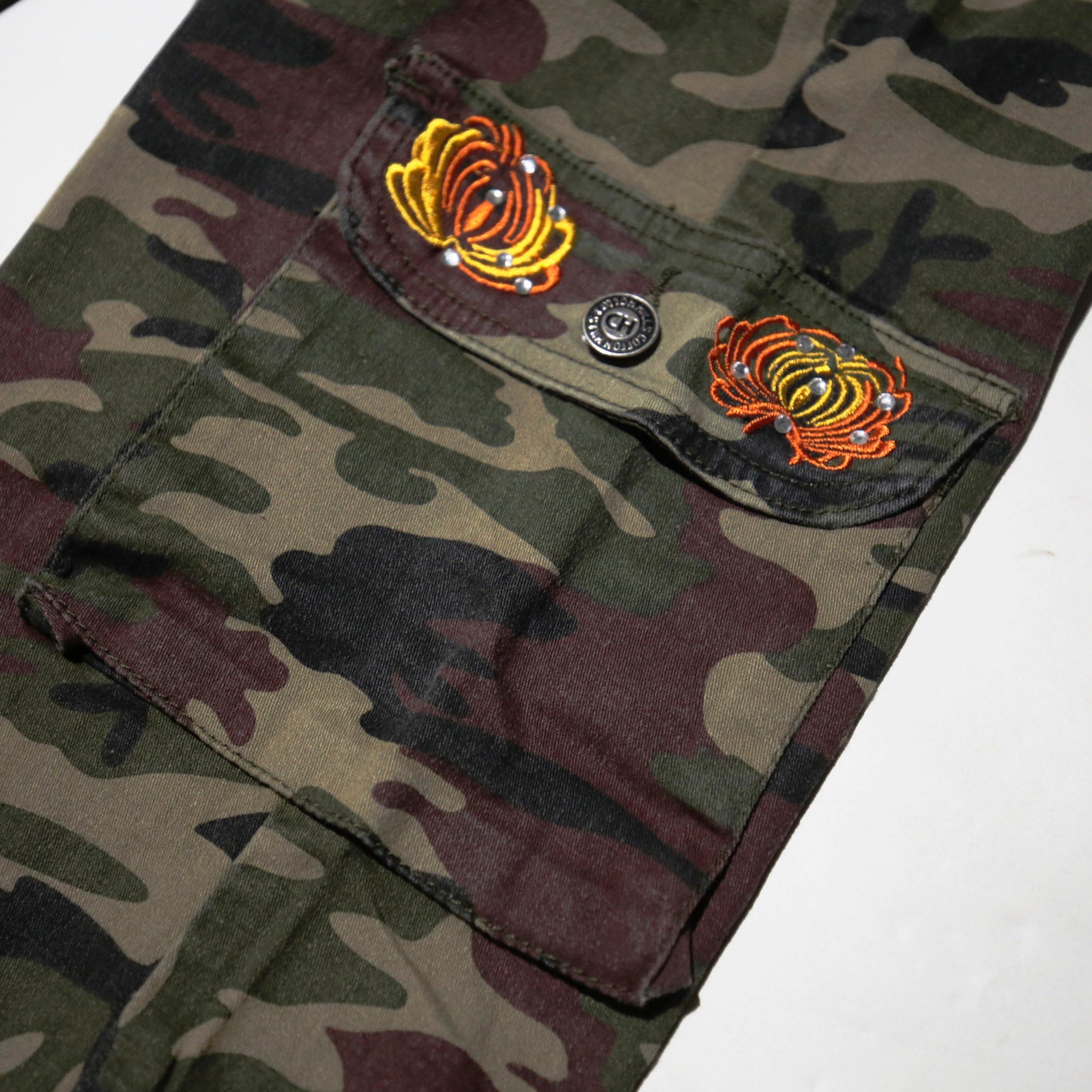 vintage broderie camo flare trousers