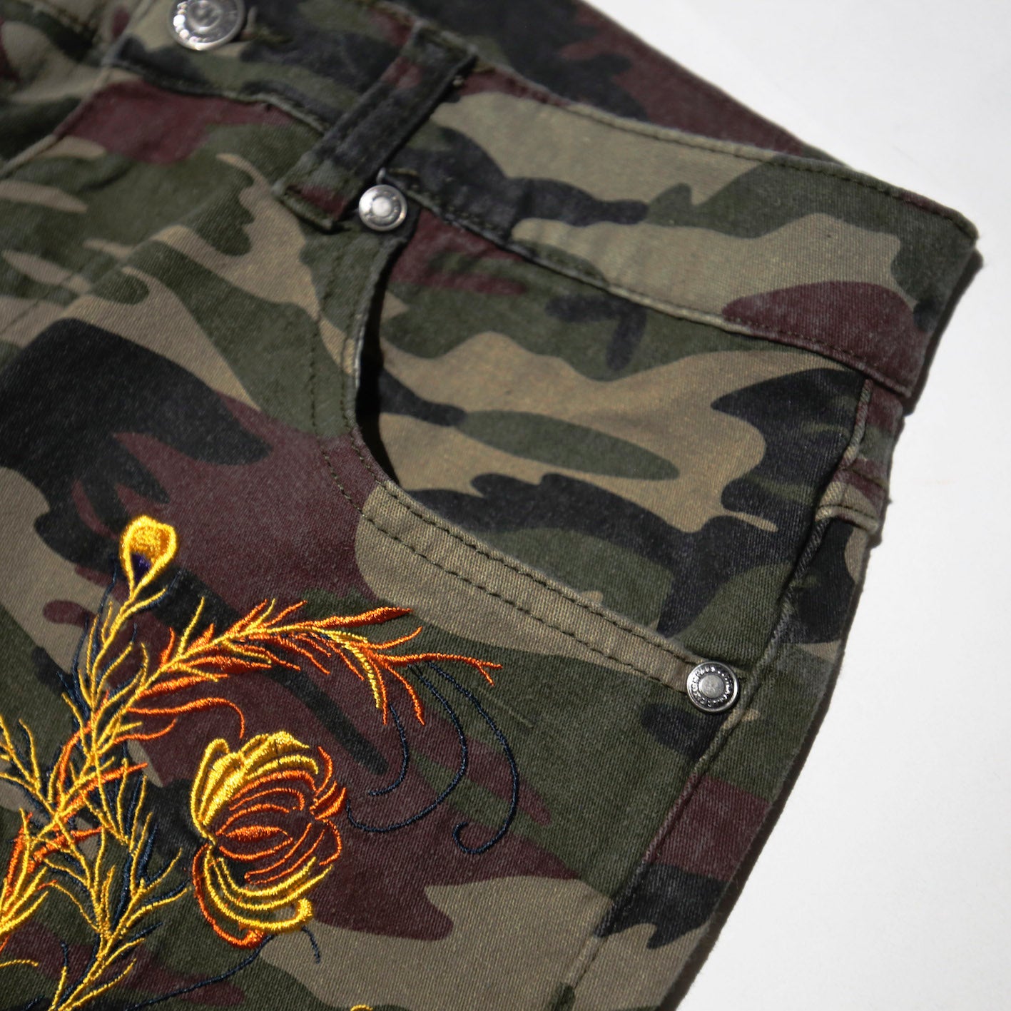 vintage broderie camo flare trousers