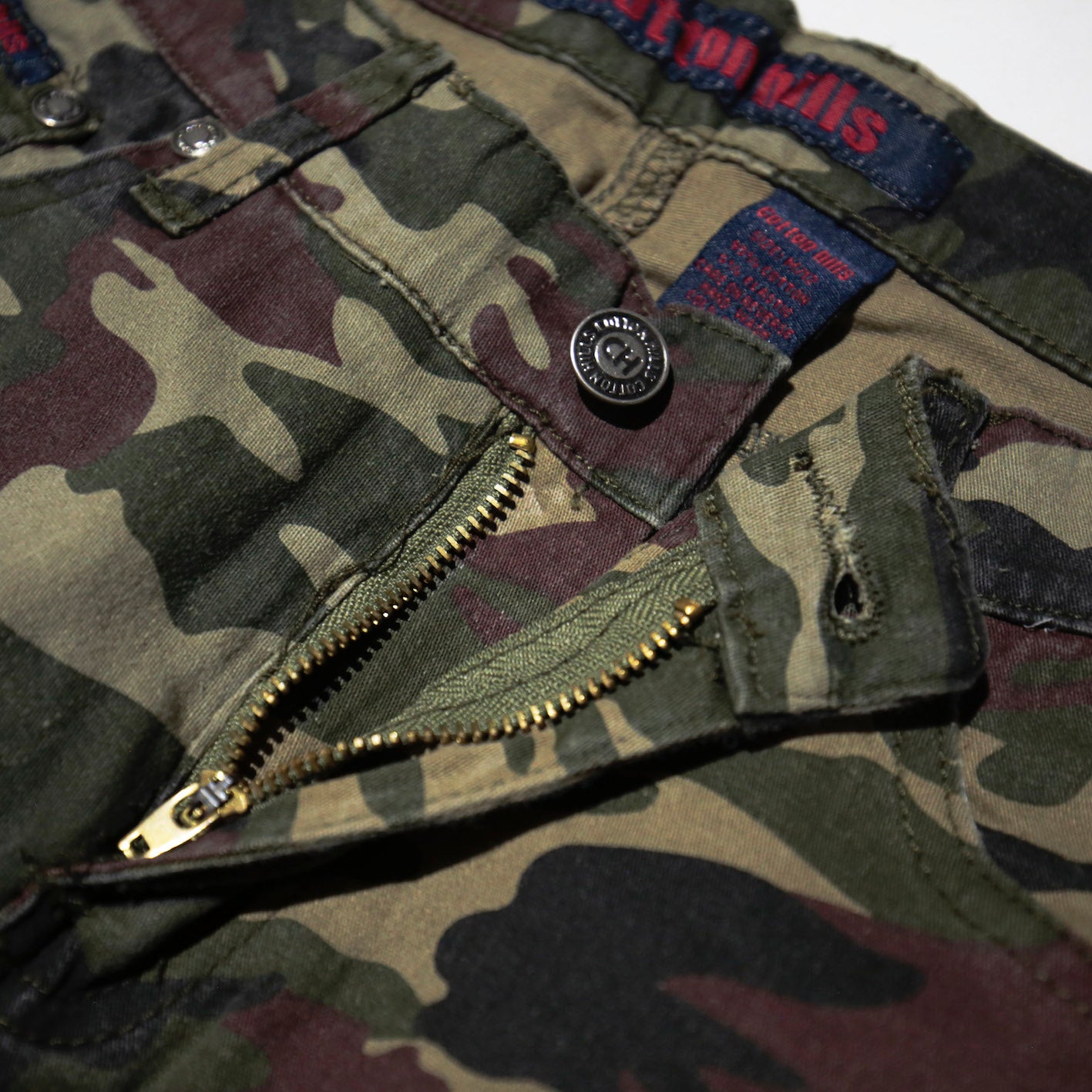 vintage broderie camo flare trousers