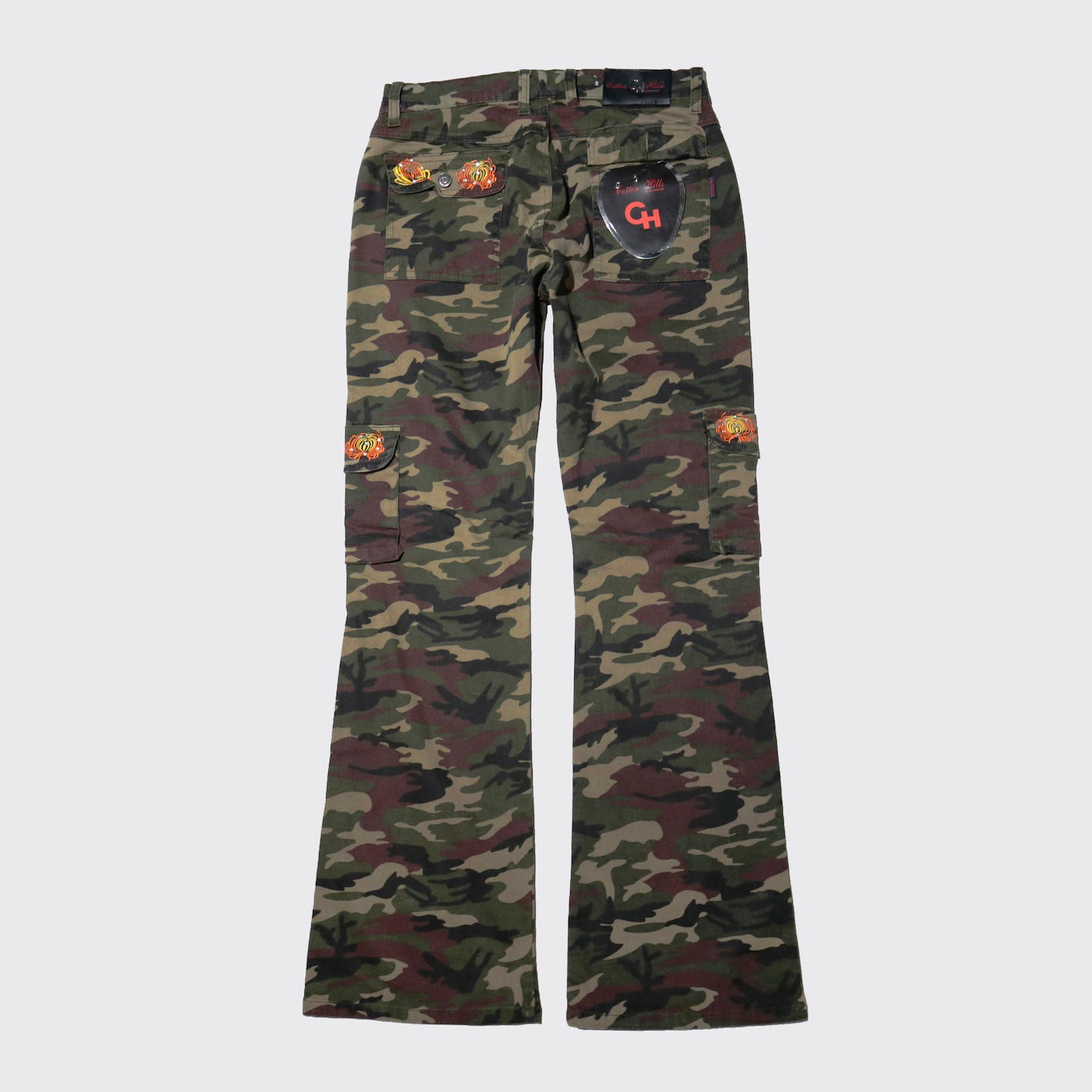 vintage broderie camo flare trousers