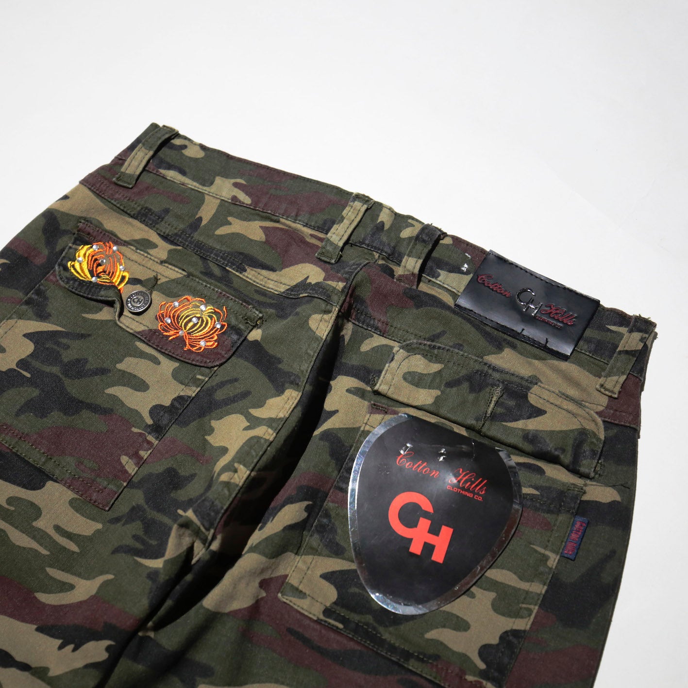 vintage broderie camo flare trousers