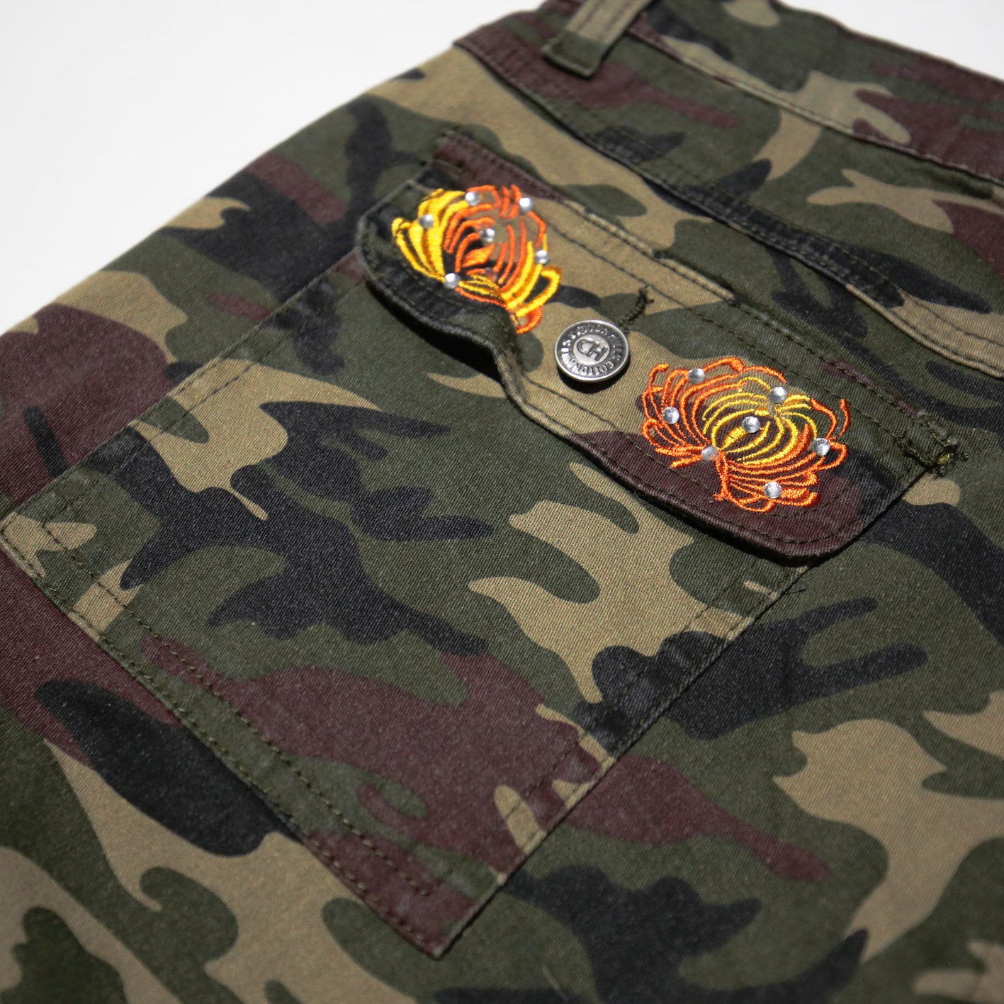 vintage broderie camo flare trousers